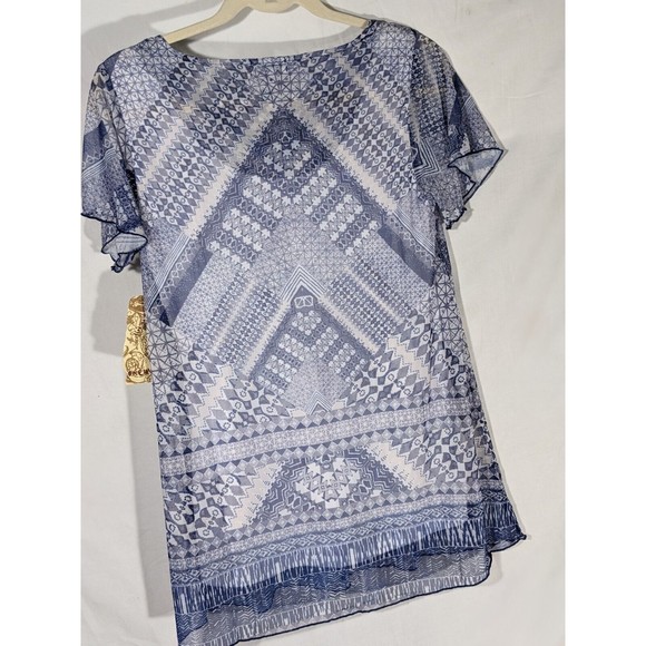 One World Mesh Flutter Sleeve Scoop Neck Sublimated Print Knit Lined Top size sm - Picture 3 of 8